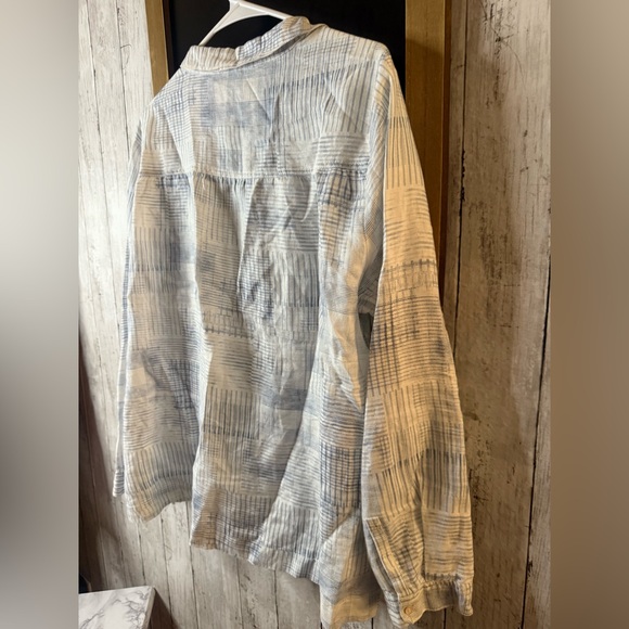 Poetry Size 14 100% Linen V Neck Long Sleeve Tunic Blouse White Blue Stripe Top - Picture 6 of 7